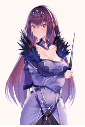 Rule 34 | 1girl, absurdres, beige background, breast hold, breasts, cleavage, closed mouth, collarbone, commentary request, detached collar, dress, fate/grand order, fate (series), fur trim, gem, hair between eyes, hair ribbon, head tilt, highres, holding, holding wand, large breasts, long hair, purple dress, purple hair, purple ribbon, red eyes, ribbon, scathach (fate), scathach skadi (fate), simple background, solo, ssamjang (misosan), tiara, very long hair, wand, wide sleeves