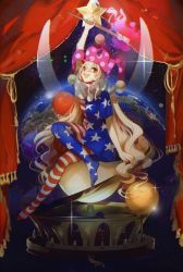 Rule 34 | 1girl, american flag dress, american flag legwear, bad id, bad twitter id, blonde hair, chromatic aberration, clownpiece, curtains, dress, earth (planet), fairy wings, fire, hat, highres, holding, jester cap, jpeg artifacts, long hair, looking at viewer, neck ruff, no-kan, open mouth, outstretched arm, pantyhose, polka dot, red eyes, short dress, sitting, sky, smile, solo, star (sky), star (symbol), starry sky, striped, torch, touhou, very long hair, wings