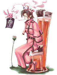 Rule 34 | 1girl, :3, akiyama nenehisa, androgynous, ankle boots, black eyes, boots, brown hair, capelet, cigarette, creature, cross print, expressionless, flying, hat, long sleeves, looking at viewer, nurse cap, original, pink footwear, short hair, signature, simple background, sitting, skull, smoke, smoking, solo, uniform, white background, zipper