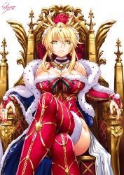 Rule 34 | 1girl, ahoge, artoria pendragon (fate), artoria pendragon (lancer) (fate), bell, bell earrings, blue cape, blue gemstone, braid, breasts, bridal gauntlets, cape, choker, closed mouth, cross, cross hair ornament, crossed legs, crown, earrings, expressionless, fate/grand order, fate (series), french braid, fur-trimmed cape, fur trim, gem, glitter, gold, gold trim, green eyes, hair between eyes, hair ornament, hat, highres, hip focus, jewelry, large breasts, leotard, long hair, looking at viewer, nail polish, neck bell, necklace, pink nails, red legwear, red leotard, sakiyamama, santa costume, santa hat, sidelocks, signature, simple background, sitting, solo, swept bangs, thighs, throne, white background
