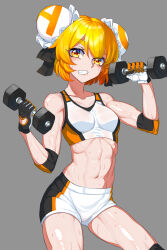 Rule 34 | 1girl, abs, absurdres, acfun, acfun girl, bare shoulders, black bow, black gloves, blonde hair, bow, breasts, bun cover, clenched teeth, collarbone, cowboy shot, double bun, dumbbell, elbow pads, exercising, gloves, grey background, hair bow, hair bun, hands up, highres, holding dumbbell, knee pads, lyon5, muscular, muscular female, navel, short hair, short shorts, shorts, small breasts, solo, sports bra, stomach, sweat, teeth, thick eyebrows, two-tone gloves, v-shaped eyebrows, weightlifting, wet, wet clothes, white gloves, white shorts, white sports bra, yellow eyes