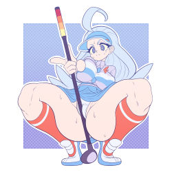 Rule 34 | 1girl, ahoge, blue hair, buttons, cameltoe, cleft of venus, closed mouth, creatures (company), elite four, fingernails, game freak, gloves, golf club, highres, holding, kahili (pokemon), kaikoinu, kneehighs, long hair, looking at viewer, mole, mole under eye, nintendo, orange footwear, orange socks, panties, pantyshot, pokemon, pokemon sm, shirt, shoes, short sleeves, simple background, single glove, socks, solo, squatting, striped clothes, striped shirt, sweat, teeth, thick thighs, thighs, underwear, v-shaped eyebrows, visor cap, white background