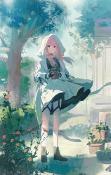 Rule 34 | 1girl, absurdres, atsuko (blue archive), black ribbon, blue archive, blunt bangs, boots, bow, brown footwear, closed mouth, dappled sunlight, expressionless, flower, grass, hair bow, highres, holding, holding plant, hood, hood up, hoodie, long hair, long hoodie, looking at viewer, omegu, orange bow, orange flower, outdoors, pink eyes, pink hair, plant, potted plant, ribbon, ribbon-trimmed sleeves, ribbon trim, socks, solo, standing, sunlight, tree, twintails, white hoodie, white socks, wind