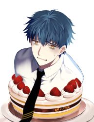 Rule 34 | 1boy, ai-assisted, bags under eyes, black necktie, blue hair, cake, eagret, fate/grand order, fate (series), food, fruit, highres, male focus, necktie, orange eyes, saitou hajime (fate), solo, strawberry, sweatdrop, tray, twitter username, upper body, wavy mouth
