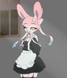 Rule 34 | 1girl, :3, animal ears, animal nose, apron, arms behind back, black dress, black thighhighs, blue sclera, body fur, bow, bowtie, breasts, closed mouth, colored sclera, cowboy shot, creatures (company), dress, female focus, flat color, frilled apron, frills, furry, furry female, game freak, garter straps, gen 6 pokemon, hair bow, half-closed eyes, happy, highres, indoors, kiki (kiki1041101), light rays, looking at viewer, maid, nintendo, personification, pink bow, pink bowtie, pink fur, pokemon, pokemon (creature), ribbon, short dress, small breasts, smile, solo, split mouth, standing, sylveon, thighhighs, two-tone fur, white apron, white eyes, white fur, white ribbon, window