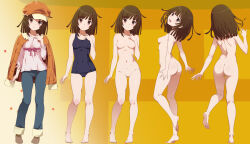 Rule 34 | 1girl, arm at side, ass, autumn leaves, bakemonogatari, bare arms, bare legs, bare shoulders, barefoot, blue one-piece swimsuit, blue pants, breasts, brown eyes, brown footwear, brown hair, cabbie hat, closed mouth, commentary request, completely nude, denim, feet, gluteal fold, hand up, hat, highres, jacket, jacket on shoulders, jeans, light blush, long sleeves, looking at viewer, looking back, medium hair, monogatari (series), multiple views, nanikairu, navel, no nipples, no pussy, nude, old school swimsuit, one-piece swimsuit, open clothes, open jacket, open mouth, orange headwear, orange jacket, paid reward available, pants, pink shirt, school swimsuit, sengoku nadeko, shirt, small breasts, smile, soles, standing, standing on one leg, stomach, swimsuit, toes, turnaround, turning head