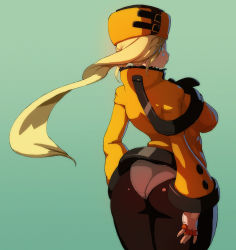 Rule 34 | 1girl, arc system works, ass, back, black pantyhose, blonde hair, blue eyes, blush, breasts, curvy, dress, fingerless gloves, from behind, fur hat, gloves, green background, guilty gear, guilty gear xrd, hat, hip focus, huge ass, jacqli (jacqliart), large breasts, long hair, millia rage, orange dress, orange hat, panties, panties under pantyhose, pantyhose, pantyshot, short dress, sideboob, simple background, solo, standing, thick thighs, thighs, underwear, ushanka, very long hair, white gloves, wide hips