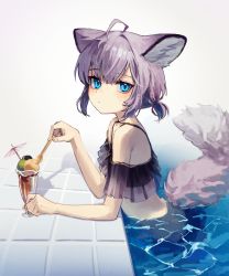 Rule 34 | 1girl, absurdres, ahoge, animal ear fluff, animal ears, arknights, bare shoulders, bikini, black bikini, blue eyes, closed mouth, cocktail umbrella, commentary request, food, grey background, hair between eyes, highres, holding, holding spoon, ice cream, looking at viewer, looking to the side, purple hair, solo, spoon, sussurro (arknights), sussurro (summer flower) (arknights), swimsuit, tail, yoon cook