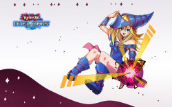 Rule 34 | 1girl, blue footwear, blue hat, blush stickers, boots, copyright name, dark magician girl, duel monster, green eyes, hat, highres, holding, holding wand, looking at viewer, magic, open mouth, pentacle, smile, solo, tamagokake candy, wand, wide shot, wizard hat, yu-gi-oh!, yu-gi-oh! duel links, yu-gi-oh! duel monsters