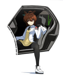 Rule 34 | 1girl, absurdres, agnes tachyon (umamusume), ahoge, animal ears, back to the future, black necktie, black pantyhose, brown hair, character name, closed mouth, commentary, delorean, dress shirt, earrings, half-closed eyes, highres, horse ears, horse girl, jewelry, kano (nakanotakahiro1029), lab coat, long sleeves, looking at viewer, medium hair, necktie, open door, pantyhose, red eyes, shirt, shoes, single earring, sitting, sleeves past fingers, sleeves past wrists, smile, solo, sweater, umamusume, v-neck, white background, white footwear, white shirt, wing collar, yellow sweater