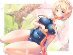 Rule 34 | 1girl, alcohol, alice margatroid, bare legs, blonde hair, blue eyes, blush, breasts, cherry blossoms, dutch angle, covered erect nipples, female focus, grass, hairband, ichio, large breasts, one-piece swimsuit, petals, pouring, sake, school swimsuit, short hair, solo, swimsuit, tokkuri, touhou, tree, wakamezake, wet