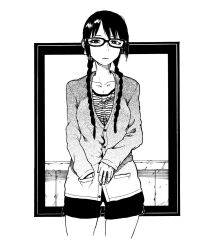 Rule 34 | 1girl, braid, breasts, collarbone, glasses, greyscale, hand in pocket, kotoyama, long hair, looking at viewer, medium breasts, monochrome, original, shirt, shorts, solo, striped clothes, striped shirt, twin braids