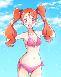Rule 34 | 10s, 1girl, :d, bikini, blue background, blush, breasts, day, eyelashes, gradient background, hair ornament, happy, highres, kaatsu katsurou, kirakira precure a la mode, long hair, looking at viewer, navel, open mouth, pink eyes, precure, sky, small breasts, smile, solo, standing, swimsuit, twintails, usami ichika