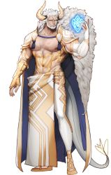 Rule 34 | 1boy, abs, alex (cerealex), animal ears, askr (fire emblem), bara, chest hair, closed mouth, detached sleeves, facial hair, fire emblem, fire emblem heroes, highres, horns, looking at viewer, male focus, mature male, muscular, muscular male, nintendo, nose piercing, nose ring, piercing, solo, white hair, yellow eyes