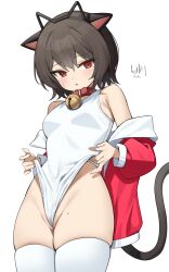 Rule 34 | 1girl, absurdres, animal ears, bare shoulders, bell, black hair, breasts, cat ears, cat tail, choker, clothes pull, commission, cowboy shot, hairband, highleg, highleg swimsuit, highres, jacket, jingle bell, long sleeves, looking at viewer, mole, mole on thigh, mole under eye, nogong, off shoulder, one-piece swimsuit, one-piece swimsuit pull, open clothes, open jacket, original, parted lips, prunechi, red choker, red eyes, red jacket, short hair, skindentation, small breasts, solo, standing, sweatdrop, swimsuit, tail, thighhighs, thighs, white one-piece swimsuit, white thighhighs