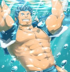 Rule 34 | 1boy, abs, bara, blue eyes, brown hair, facial hair, fins, large pectorals, male focus, manly, muscular, navel, ocean, pectorals, simple background, smile, solo, tokyo houkago summoners, triton (housamo), underwater, upper body, water, yanutorie