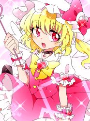 Rule 34 | 1girl, adapted costume, bad id, bad pixiv id, blonde hair, bow, cane, choker, earrings, flandre scarlet, hat, hat bow, jewelry, kyapinetzu, magical girl, open mouth, red eyes, sash, solo, touhou, wrist cuffs