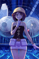Rule 34 | 1girl, bare shoulders, belt, black eyes, black hair, bucket, chinese text, commentary request, finger to mouth, gloves, hard hat, helmet, highres, holding, ladder, looking at viewer, miniskirt, sanzhuangwangcat, short hair, skirt, standing, translation request, white gloves