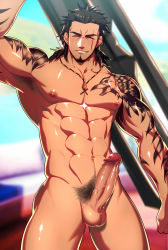 Rule 34 | 10s, 1boy, abs, bara, body hair, erection, facial hair, final fantasy, final fantasy xv, gladiolus amicitia, highres, lvlv, male focus, muscular, nipples, nude, pectorals, penis, scar, solo focus, tattoo, testicles, uncensored, weapon