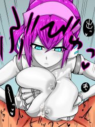 Rule 34 | breasts, colored skin, expressionless, grey skin, headband, highres, joints, large breasts, nipples, paizuri, purple hair, robot, robot girl, robot joints, translation request