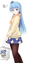 Rule 34 | !, 1girl, absurdres, bag, blue hair, brown pantyhose, casual, checkered clothes, checkered skirt, ero mang-a, erosusukikuma, hat, highres, long hair, looking at viewer, mascot, pantyhose, quincy (warship girls r), red eyes, ribbed sweater, scarf, simple background, skirt, smile, solo, standing, sweater, warship girls r, white background