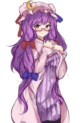 Rule 34 | 1girl, bespectacled, blue bow, blue ribbon, bow, breasts, closed mouth, commentary, cowboy shot, crescent, crescent hat ornament, dress, glasses, hair bow, hat, hat ornament, hat ribbon, highres, large breasts, light blush, long hair, long sleeves, looking at viewer, mob cap, orchid (orukido), patchouli knowledge, pink robe, purple eyes, purple hair, red-framed eyewear, red bow, red ribbon, ribbon, robe, simple background, sketch, solo, striped clothes, striped dress, touhou, very long hair, white background