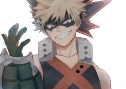 Rule 34 | 1boy, bakugou katsuki, bare shoulders, black shirt, blonde hair, boku no hero academia, collarbone, commentary request, eye mask, gloves, green gloves, grin, hand up, highres, looking at viewer, male focus, miyanami 3, portrait, red eyes, red shirt, shirt, simple background, smile, solo, spiked hair, teeth, upper body, white background