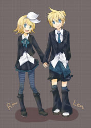 Rule 34 | 1boy, 1girl, ahoge, bad id, bad pixiv id, blazer, blonde hair, blue necktie, blue pantyhose, brother and sister, hair ribbon, hetero, holding hands, jacket, kagamine len, kagamine rin, leg warmers, matsumaro, matsyumaro, necktie, pantyhose, patterned legwear, ribbon, short hair, shorts, siblings, skirt, striped clothes, striped pantyhose, twins, vocaloid, waistcoat