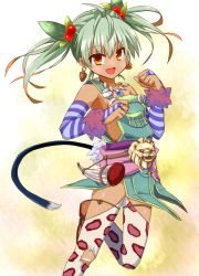 Rule 34 | 1girl, :d, ahoge, animal print, bridal gauntlets, brown hair, clenched hands, cowboy shot, earrings, falcom, fang, gradient hair, green hair, hair ornament, hands up, horn (instrument), jewelry, leaf hair ornament, leopard print, looking at viewer, misoshiru (meridianchild312), multicolored hair, naked overalls, necklace, open mouth, orange eyes, overall skirt, overalls, print thighhighs, ricotta (ys), sash, short hair, smile, solo, standing, standing on one leg, strap slip, striped, tabard, tail, tan, thighhighs, tooth necklace, torn clothes, torn thighhighs, twintails, yellow background, ys, ys viii lacrimosa of dana