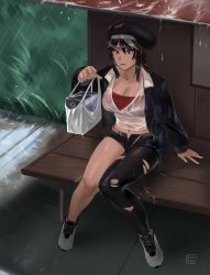 Rule 34 | 1girl, bag, bandeau, belt, bench, black hair, black hat, black shorts, black thighhighs, breasts, bus stop, cabbie hat, cleavage, collarbone, commission, fingerless gloves, fingernails, full body, gloves, hat, highres, hunyan, jacket, large breasts, looking down, medium hair, multicolored hair, navel, open belt, open clothes, open fly, open jacket, original, rain, red bandeau, red eyes, red hair, shirt, shoes, shopping bag, shorts, silver hair, single thighhigh, sneakers, solo, streaked hair, thighhighs, thighs, torn clothes, torn thighhighs, v-neck, wet, wet clothes, wet hair, wet shirt, white footwear
