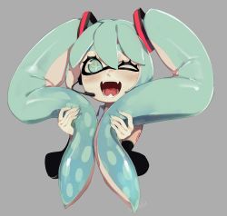 Rule 34 | 1girl, :d, absurdres, aqua eyes, aqua hair, bare shoulders, blouse, blush, collared shirt, detached sleeves, eyelashes, fangs, fingernails, fusion, grey background, grey shirt, hair between eyes, hatsune miku, headset, highres, holding, holding hair, inkling player character, long hair, looking at viewer, mask, monster girl, multicolored hair, nail polish, nintendo, one eye closed, open mouth, shirt, signature, simple background, smile, solo, symbol-shaped pupils, tattoo, tentacle hair, thick eyebrows, tongue, two-tone hair, upper body, very long hair, vocaloid, zambiie
