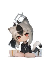 Rule 34 | 1girl, animal ear fluff, animal ears, barefoot, black hair, black hoodie, black shirt, black wings, blue archive, blush, cat ears, cat girl, cat tail, closed mouth, commentary request, dokomon, facial mark, full body, grey hair, hair between eyes, halo, head tilt, heart, highres, hood, hood down, hoodie, horns, kayoko (blue archive), korean commentary, looking at viewer, low wings, multicolored hair, off shoulder, pleated skirt, ponytail, purple skirt, red eyes, shadow, shirt, simple background, sitting, skirt, solo, tail, two-tone hair, wariza, white background, wings