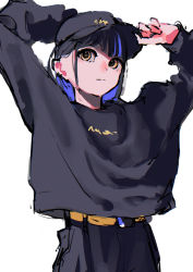 Rule 34 | 1girl, absurdres, adjusting clothes, adjusting headwear, arms up, baseball cap, black hair, black hat, black pants, black sweater, blue hair, closed mouth, colored inner hair, commentary, english commentary, hat, highres, long sleeves, looking at viewer, multicolored hair, orange eyes, original, pants, ritao kamo, short hair, simple background, solo, sweater, upper body, white background