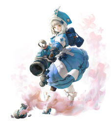 Rule 34 | 1girl, 723 chfhrqur, absurdres, backpack, bag, blue dress, blue hat, blunt bangs, boots, dress, full body, gloves, grey hair, gun, hat, high heels, highres, holding, holding weapon, looking at viewer, original, pantyhose, simple background, smile, smoke, solo, standing, tongue, tongue out, weapon, white background, white footwear, white hair, yellow eyes
