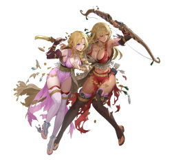 Rule 34 | 2girls, alternate costume, armpits, arrow (projectile), blonde hair, bow (weapon), breasts, brown thighhighs, cleavage, dagger, damaged, dark-skinned female, dark skin, earrings, ekao, female focus, fire emblem, fire emblem: the binding blade, fire emblem: the blazing blade, fire emblem heroes, full body, hair ornament, holding, holding bow (weapon), holding dagger, holding knife, holding weapon, igrene (fire emblem), igrene (sworn protector) (fire emblem), jewelry, knife, large breasts, lipstick, long hair, looking at viewer, louise (fire emblem), louise (sworn protector) (fire emblem), makeup, matching hair/eyes, medium breasts, multiple girls, navel, necklace, nintendo, official alternate costume, official art, one eye closed, pelvic curtain, quiver, red lips, red thighhighs, tassel, tassel hair ornament, thighhighs, toeless footwear, toeless legwear, toes, torn clothes, torn thighhighs, weapon, white thighhighs, wince, yellow eyes