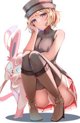 Rule 34 | 1girl, arm under breasts, bare arms, bare shoulders, black headwear, black shirt, black thighhighs, blonde hair, blue eyes, boots, breasts, brown footwear, closed mouth, commentary, creatures (company), elbow on thigh, full body, game freak, gen 6 pokemon, head rest, highres, knee boots, medium breasts, miniskirt, momdy (talesshinja), nintendo, panties, pantyshot, pink skirt, pleated skirt, pokemon, pokemon (anime), pokemon (creature), pokemon journeys, pokemon swsh105, serena (pokemon), shirt, short hair, skirt, sleeveless, sleeveless shirt, smile, squatting, sylveon, thighhighs, turtleneck, underwear, white background, white panties