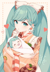 Rule 34 | 1girl, :o, absurdres, aged down, aqua eyes, aqua hair, baby, blush, border, checkered sleeves, commentary, dotted line, drawing kanon, dual persona, earrings, flower earrings, fork hair ornament, hatsune miku, heart, highres, holding baby, japanese clothes, jewelry, kimono, long hair, looking at viewer, orange kimono, pacifier, short twintails, simple background, solo, spoon hair ornament, squash, swept bangs, time paradox, twintails, vegetable print, vocaloid, white background, yuki miku, yuki miku (2024)