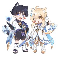 Rule 34 | 1boy, 1girl, animal ear fluff, animal ears, armor, black gloves, black hair, blonde hair, blue eyes, blush stickers, bow, breasts, cat boy, cat ears, cat girl, cat tail, cleavage, detached sleeves, dress, fang, genshin impact, gloves, hair between eyes, highres, holding, holding sword, holding weapon, japanese armor, japanese clothes, kote, kurokote, looking at viewer, lumine (genshin impact), medium breasts, ming4, open mouth, orange eyes, partially fingerless gloves, scaramouche (genshin impact), short hair with long locks, simple background, skin fang, standing, sword, tail, tail bow, tail ornament, tassel, wanderer (genshin impact), weapon, white background, white dress