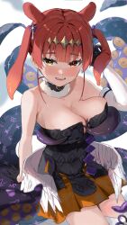 Rule 34 | 1girl, black dress, black gloves, blush, breasts, cleavage, collar, cosplay, detached collar, detached sleeves, dress, gloves, haru yu, heterochromia, highres, hololive, hololive english, houshou marine, large breasts, long hair, looking at viewer, ninomae ina&#039;nis, ninomae ina&#039;nis (1st costume), ninomae ina&#039;nis (cosplay), red eyes, red hair, single detached sleeve, single thighhigh, smile, solo, strapless, strapless dress, tentacle hair, tentacles, thighhighs, tube dress, two side up, very long hair, virtual youtuber, white collar, white sleeves, white thighhighs, yellow eyes