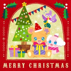 Rule 34 | aroma (go! princess precure), bear, bird, christmas, christmas tree, commentary request, creature, english text, gift, go! princess precure, hat, holding, holding gift, holly, hoppetoonaka3, kirakira precure a la mode, mahou girls precure!, merry christmas, mofurun (mahou girls precure!), no humans, pekorin (precure), precure, santa hat, scarf, snowflakes, symbol in eye