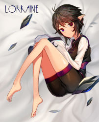 1girl absurdres bad_id bad_pixiv_id barefoot black_hair breasts closed_mouth dungeon_and_fighter earrings feet female_focus highres jewelry looking_at_viewer lying medium_breasts on_side papupu pointy_ears purple_eyes short_hair solo toes