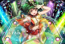 Rule 34 | 1girl, :d, arm up, artist name, belt, boots, braid, commentary, confetti, frilled skirt, frills, from above, gloves, glowstick, green hair, hat, idol, kaze-hime, knee boots, looking at viewer, macross, macross frontier, midriff, navel, open mouth, outstretched arm, ranka lee, red eyes, red skirt, short hair, skirt, smile, solo, stage, stage lights, w, watermark, web address, white footwear, white gloves