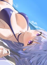 Rule 34 | 1girl, absurdres, armpit crease, bad anatomy, bare shoulders, bikini, blue archive, blue bikini, blue sky, blush, breasts, cleavage, close-up, closed mouth, cloud, collarbone, day, dot nose, dutch angle, from above, grey hair, halterneck, hido88, highres, horizon, large breasts, long hair, looking at viewer, looking to the side, looking up, lying, navel, noa (blue archive), ocean, on back, outdoors, purple eyes, sideboob, sky, smile, solo, swimsuit, thick eyelashes