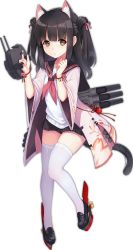 Rule 34 | 1girl, allenes, animal ears, azur lane, bell, black footwear, black hair, blush, cat ears, cat tail, flower, full body, hair ribbon, hair rings, jingle bell, knees together feet apart, loafers, long hair, machinery, miniskirt, neckerchief, official art, pink neckerchief, pink ribbon, ribbon, shoes, skindentation, skirt, solo, tail, thighhighs, torpedo, transparent background, turret, two side up, white thighhighs, yellow eyes, yuugure (azur lane)