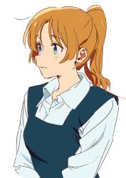 Rule 34 | 1girl, bad id, bad twitter id, blue eyes, character request, closed mouth, collared shirt, copyright request, highres, inactive account, kerorira, long hair, long sleeves, looking ahead, orange hair, parted bangs, ponytail, shirt, simple background, solo, upper body, white background, white shirt