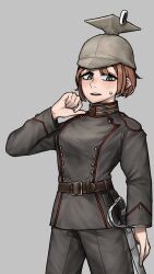 Rule 34 | 1girl, black jacket, black pants, brown hair, buttons, cowboy shot, detached sleeves, double-breasted, freckles, german clothes, green eyes, grey background, hand up, hat, highres, jacket, looking at viewer, military, military uniform, original, pants, pzkpfwi, saber (weapon), short hair, simple background, smile, solo, standing, sweatdrop, sword, uhlan, uniform, weapon