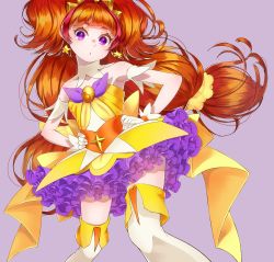 Rule 34 | 1girl, absurdres, amanogawa kirara, bare shoulders, choker, cure twinkle, earrings, gloves, go! princess precure, highres, jewelry, long hair, looking at viewer, magical girl, multicolored hair, orange hair, precure, purple eyes, red hair, simple background, solo, star (symbol), star earrings, thighhighs, twintails, two-tone hair, white gloves, yupiteru