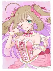 Rule 34 | 1girl, ahoge, arm scrunchie, bare shoulders, blonde hair, blush, bow, breasts, choker, cleavage, detached collar, dot nose, dress, fake wings, floating hair, floral print, frilled dress, frilled ribbon, frills, gradient background, green eyes, hair bow, hair ribbon, hands up, heart, idolmaster, idolmaster cinderella girls, idolmaster cinderella girls starlight stage, large breasts, long hair, looking at viewer, one eye closed, pink background, pink dress, pink ribbon, precuresenpai, print dress, red ribbon, ribbon, ribbon choker, rose print, sato shin, scrunchie, smile, solo, strapless, strapless dress, tongue, tongue out, twintails, upper body, wings, wrist scrunchie
