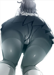 Rule 34 | 1girl, abe inori, ass, boots, fate/grand order, fate (series), from behind, from below, fujimaru ritsuka (female), long hair, long sleeves, monochrome, panties, panties under pantyhose, pantyhose, ponytail, scrunchie, shirt, side ponytail, skirt, standing, underwear, upskirt