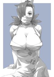 Rule 34 | 1girl, blue background, breasts, choker, cleavage, eyepatch, facing viewer, gloves, greyscale, hair over one eye, hat, highres, large breasts, latex, latex gloves, looking at viewer, mask, monochrome, mouth mask, nurse cap, otu 025, ponytail, skullgirls, solo, spot color, surgical mask, symbol-shaped pupils, valentine (skullgirls)